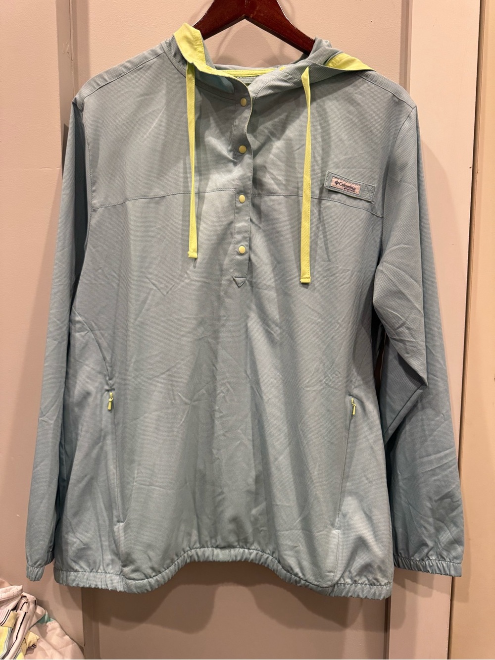 Columbia Women’s Large Hooded Pullover Windbreaker Blue Green